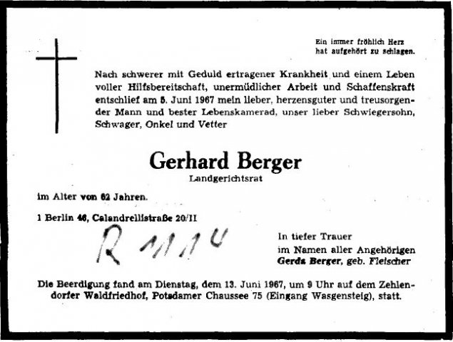 Berger Gerhard 1904-1967 Todesanzeige